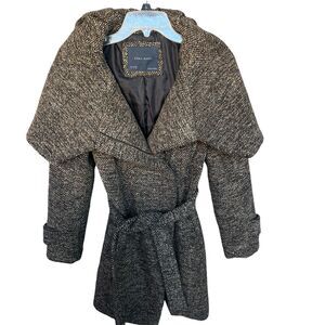Zara Basic Tweed Jacket Womens Medium Wool Full Zip Belted Caped Winter